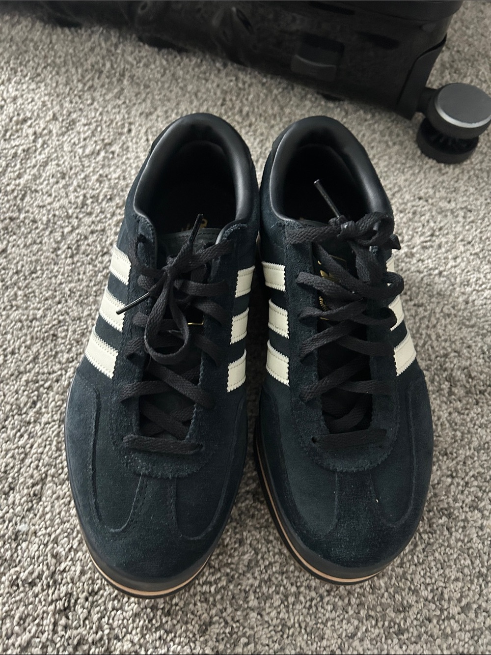 adidas womens Black Suede Sneakers with White Stripes